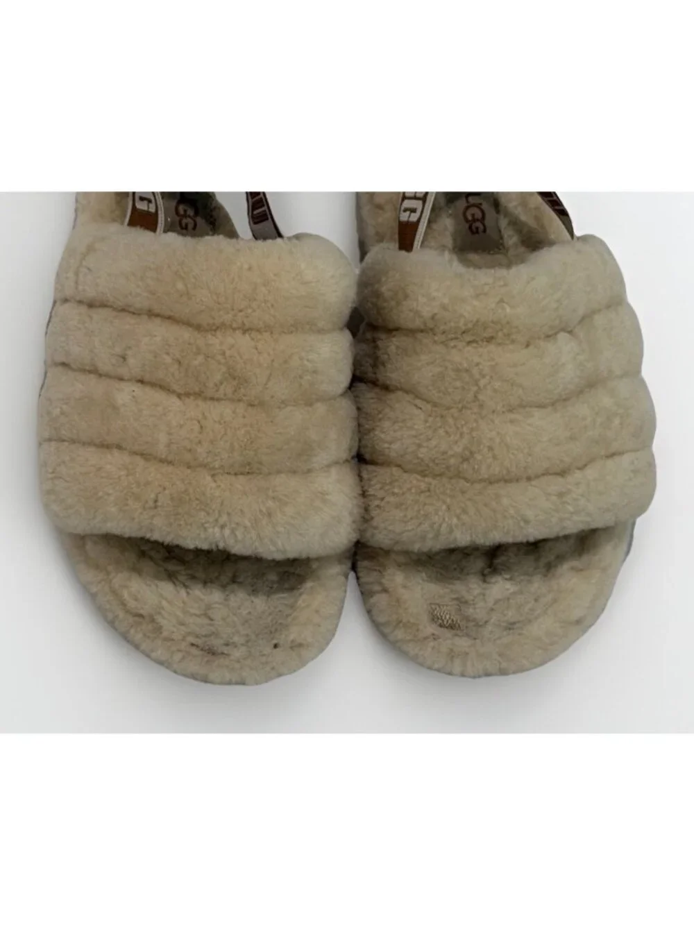 UGG Fluff Yeah Ivory Cream Slide Slipper GIRLS Kids Youth Size 2 Logo Strap 33.5